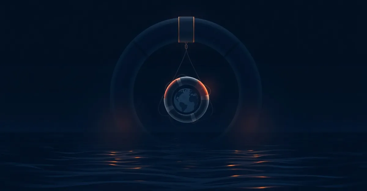 A glowing life preserver rescuing a small web domain icon above a dark ocean at night