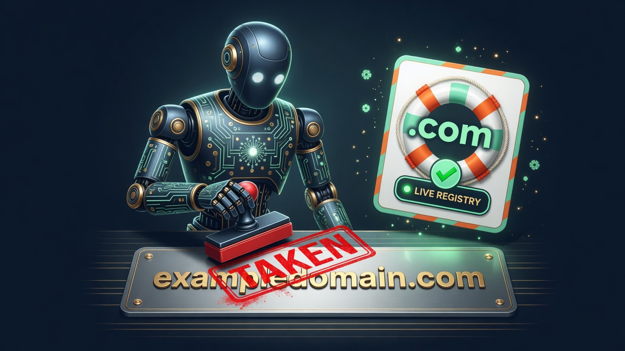 A language model stamping TAKEN on a domain while a live-available .com sits beside it