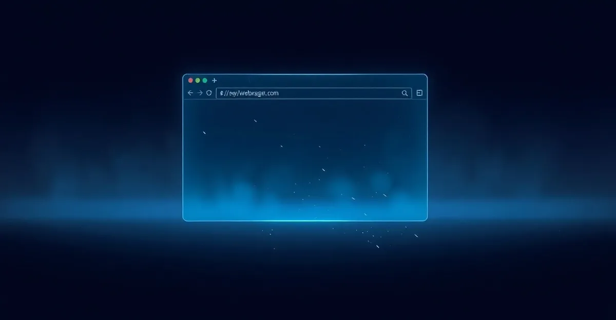 Ghostly web browser window glitching in a dark void, representing an AI-hallucinated phantom domain